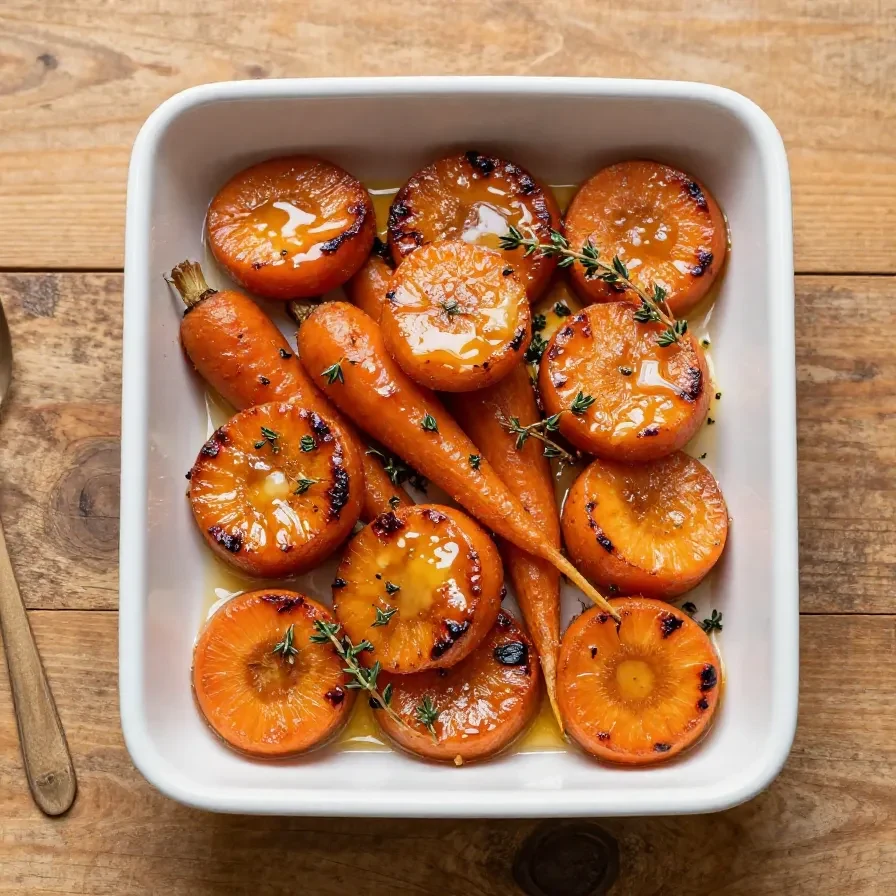 A close-up of honey garlic roasted carrots glazed and caramelized on a baking sheet, garnished with fresh parsley.