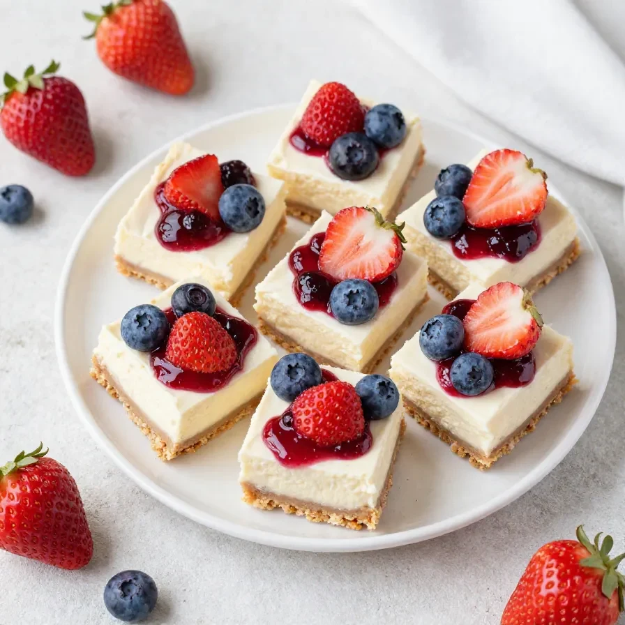 Patriotic no-bake flag cheesecake bars topped with strawberries and blueberries on a serving platter