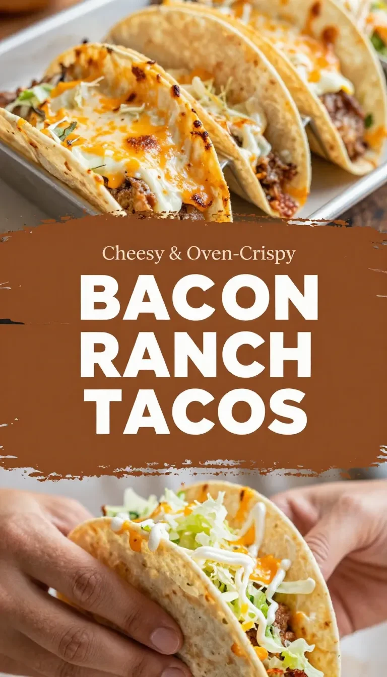 Crispy chicken bacon ranch tacos topped with melted cheese and baked in the oven on a serving plate.