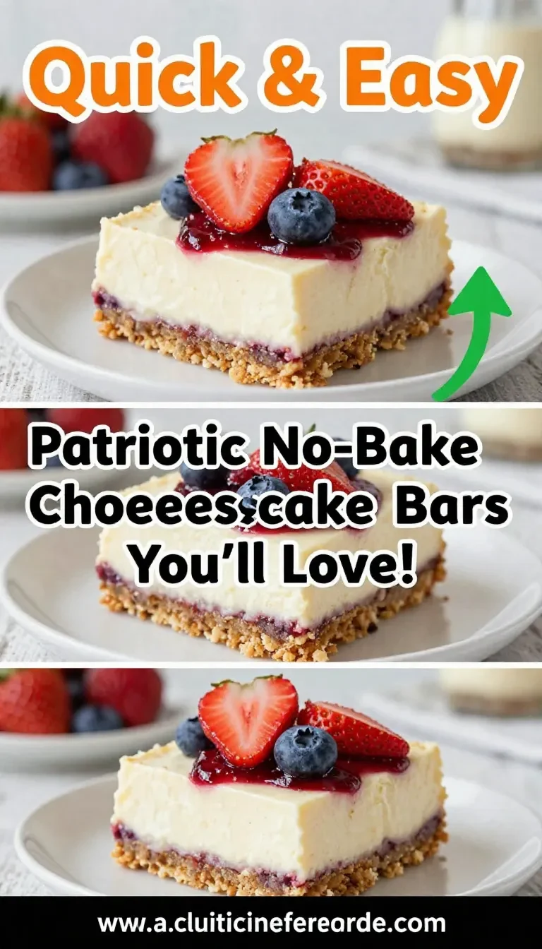 Patriotic no-bake flag cheesecake bars topped with strawberries and blueberries on a serving platter