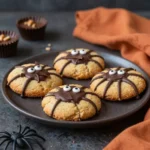 Peanut butter spider cookies decorated with candy eyes and chocolate legs on a baking tray