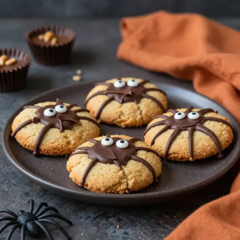 Peanut butter spider cookies decorated with candy eyes and chocolate legs on a baking tray