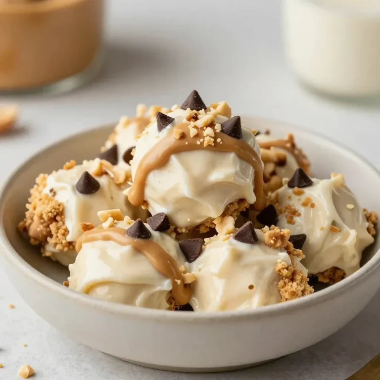 Peanut butter Greek yogurt bites arranged on a plate with a creamy texture and light drizzle on top.