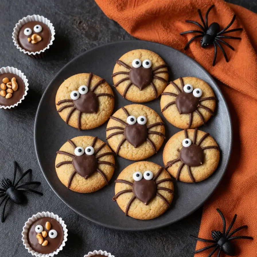 Peanut butter spider cookies decorated with candy eyes and chocolate legs on a baking tray