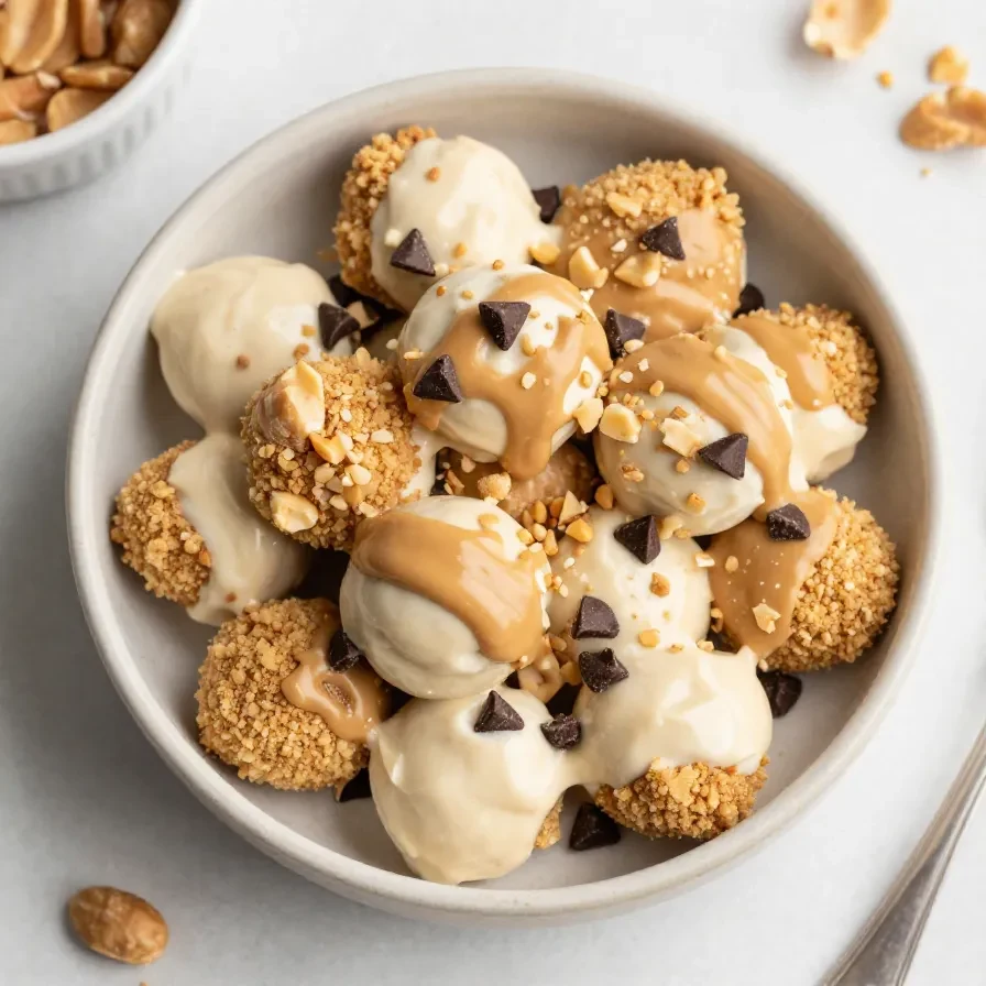 Peanut butter Greek yogurt bites arranged on a plate with a creamy texture and light drizzle on top.