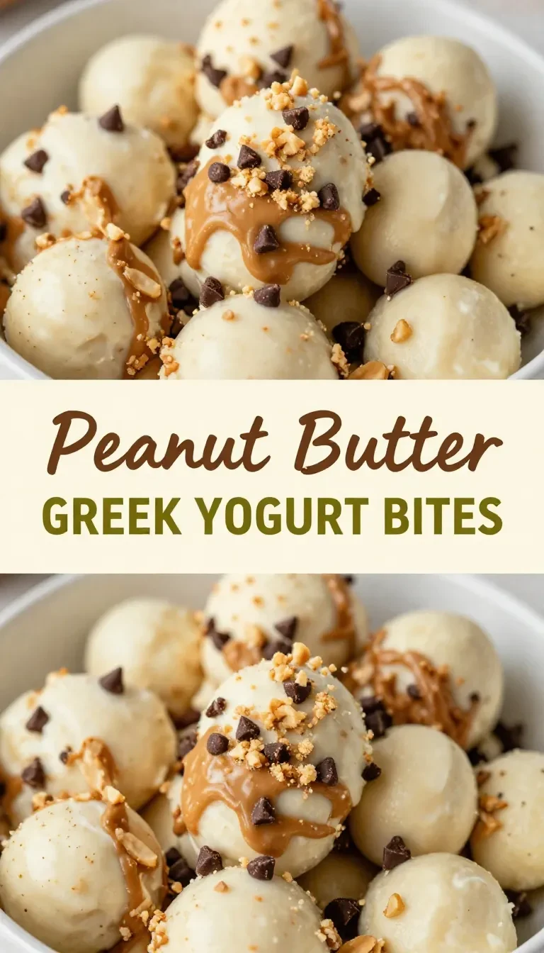 Peanut butter Greek yogurt bites arranged on a plate with a creamy texture and light drizzle on top.