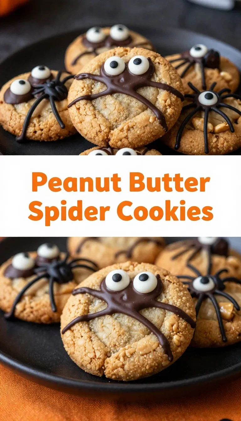 Peanut butter spider cookies decorated with candy eyes and chocolate legs on a baking tray