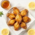Crispy honey lemon pepper chicken wings glazed with a shiny sweet and tangy sauce, served on a plate
