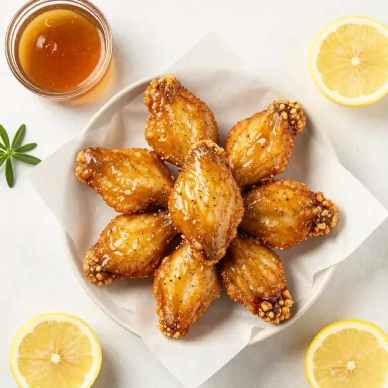 Honey Lemon Pepper Wings Crispy honey lemon pepper chicken wings glazed with a shiny sweet and tangy sauce, served on a plate