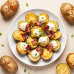 Crispy loaded mini potato bites topped with melted cheese, bacon, sour cream, and chives on a serving plate
