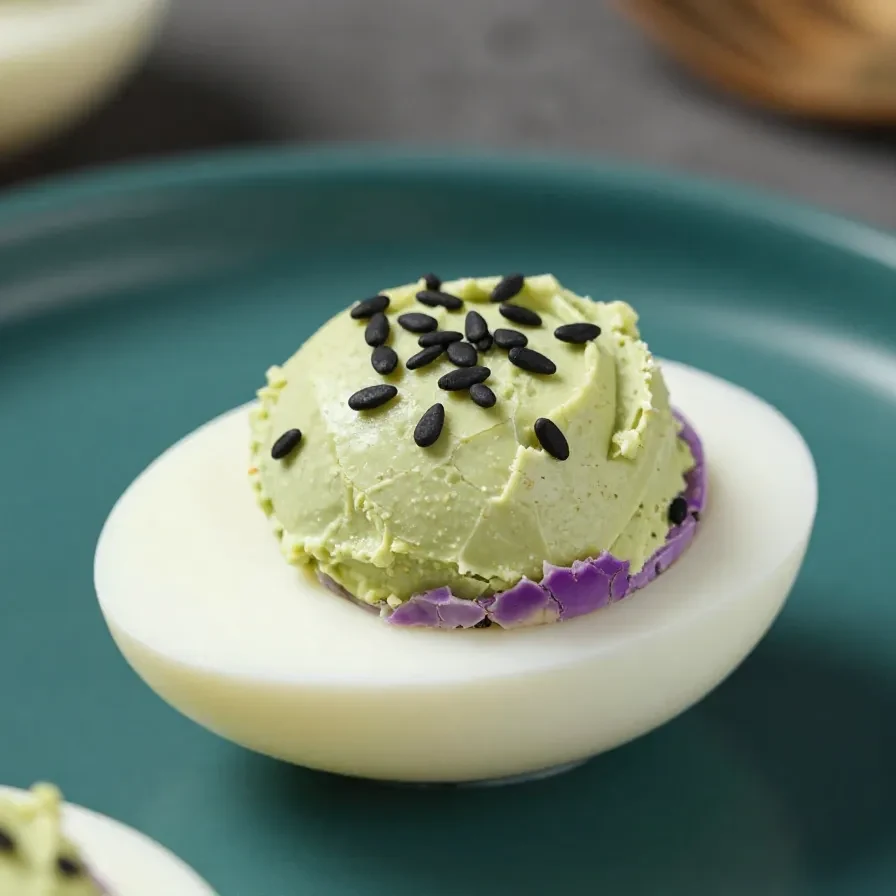 A platter of creepy deviled eggs decorated with olive spiders and paprika for a Halloween party snack