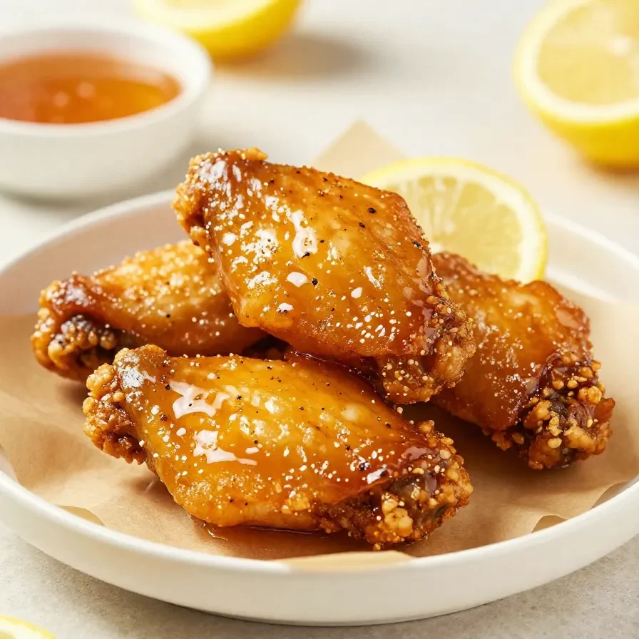 Crispy honey lemon pepper chicken wings glazed with a shiny sweet and tangy sauce, served on a plate