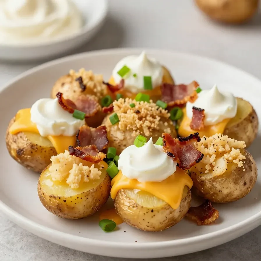 Crispy loaded mini potato bites topped with melted cheese, bacon, sour cream, and chives on a serving plate