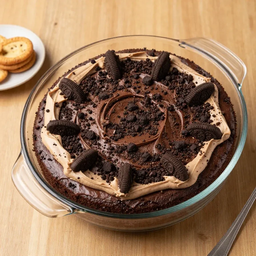 A slice of Oreo dirt cake layered with chocolate pudding, crushed Oreo cookies, and whipped topping in a glass dish.