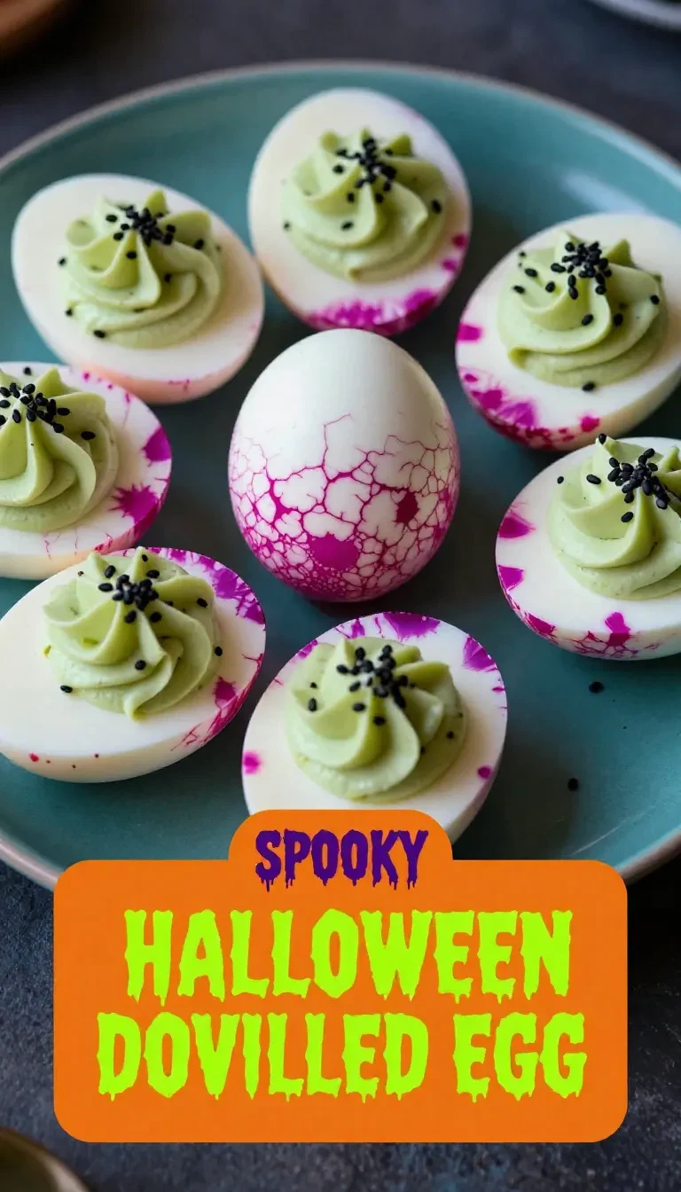 A platter of creepy deviled eggs decorated with olive spiders and paprika for a Halloween party snack