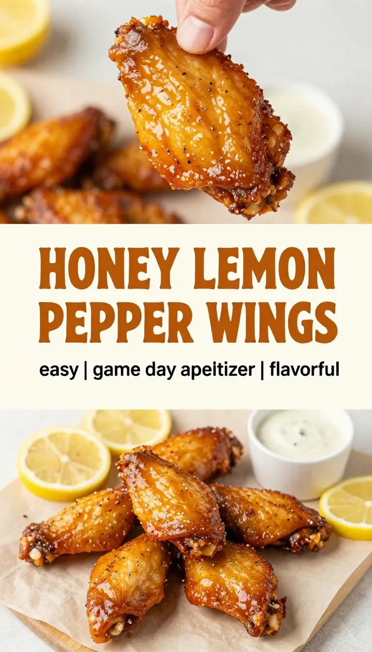 Crispy honey lemon pepper chicken wings glazed with a shiny sweet and tangy sauce, served on a plate