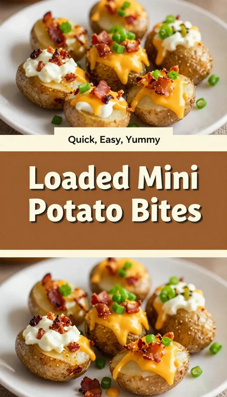 Crispy loaded mini potato bites topped with melted cheese, bacon, sour cream, and chives on a serving plate