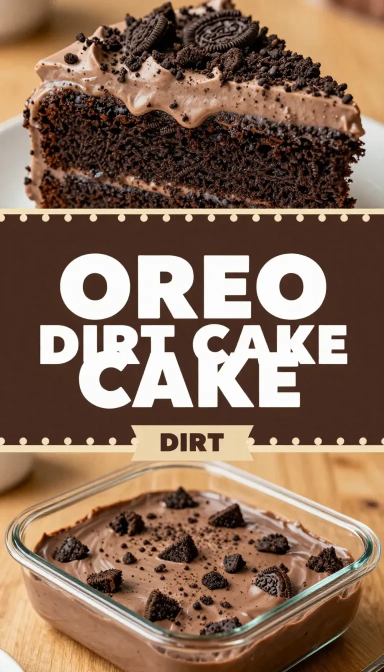 A slice of Oreo dirt cake layered with chocolate pudding, crushed Oreo cookies, and whipped topping in a glass dish.