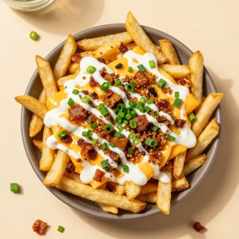 A close-up of loaded fries topped with crispy bacon, melted cheddar cheese, and a drizzle of ranch dressing.
