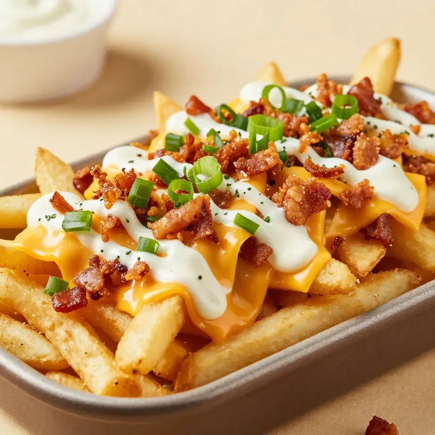 A close-up of loaded fries topped with crispy bacon, melted cheddar cheese, and a drizzle of ranch dressing.