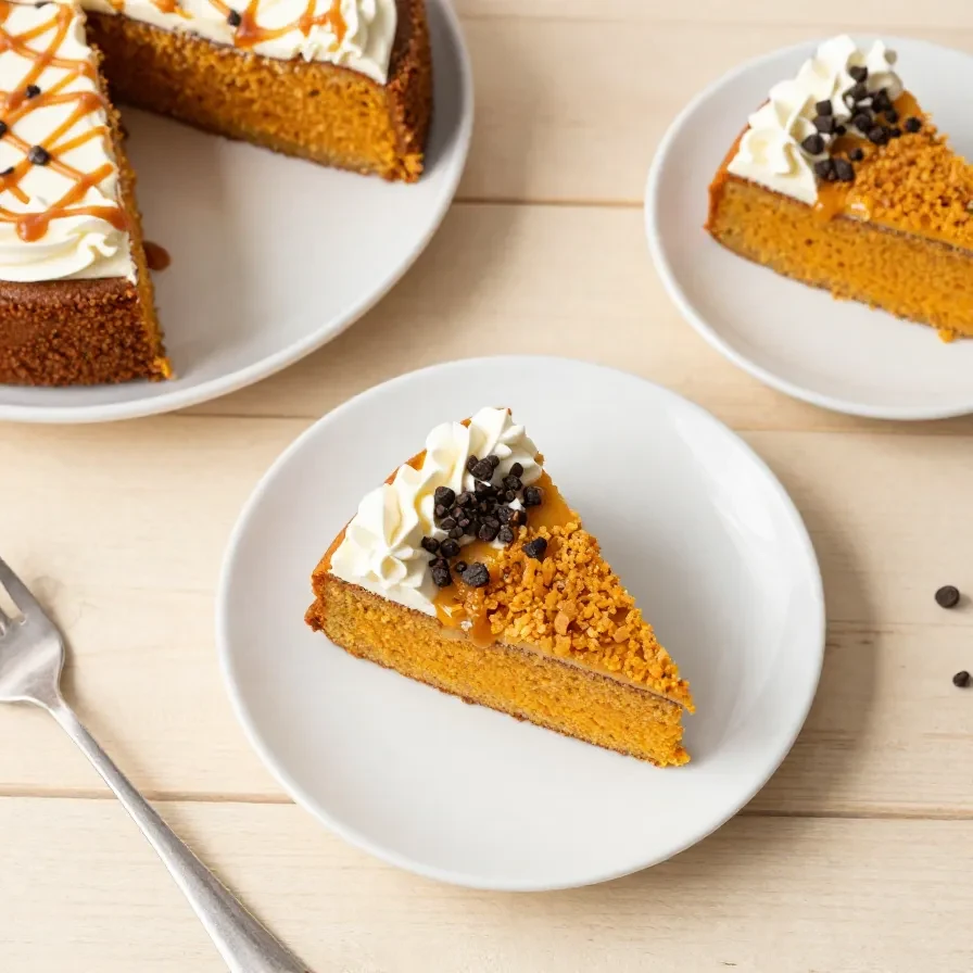 A sliced pumpkin poke cake topped with whipped cream and drizzled caramel on a serving plate.