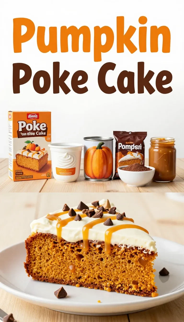 A sliced pumpkin poke cake topped with whipped cream and drizzled caramel on a serving plate.