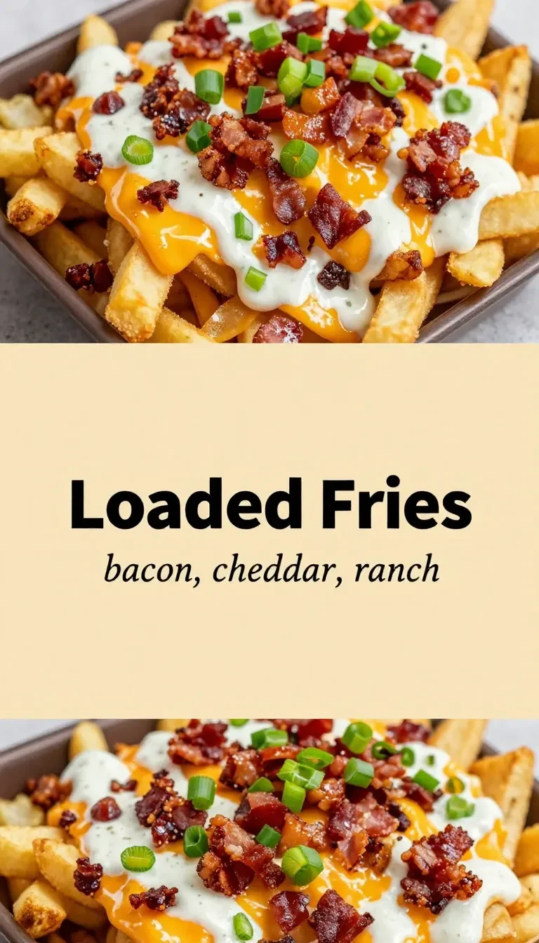 A close-up of loaded fries topped with crispy bacon, melted cheddar cheese, and a drizzle of ranch dressing.
