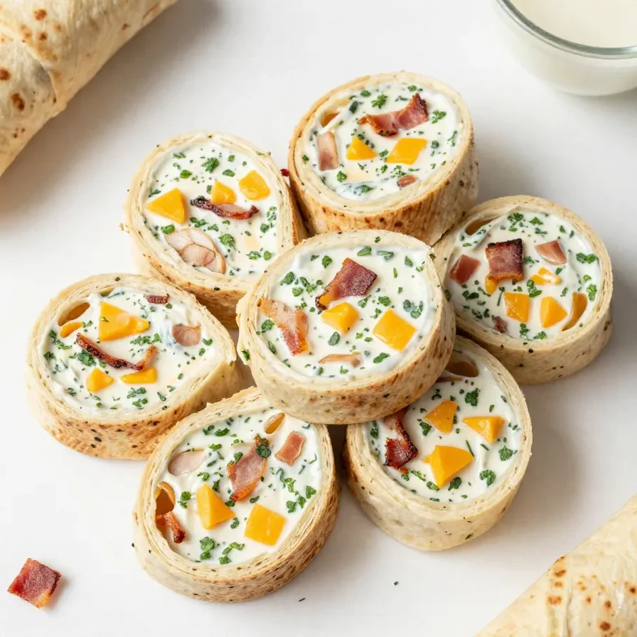 Bacon cheddar ranch pinwheels arranged on a white serving platter with fresh parsley garnish.
