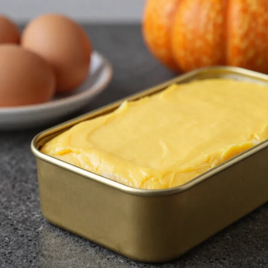 A slice of easy pumpkin dump cake topped with whipped cream on a white plate, with a baking dish of pumpkin dessert in the background