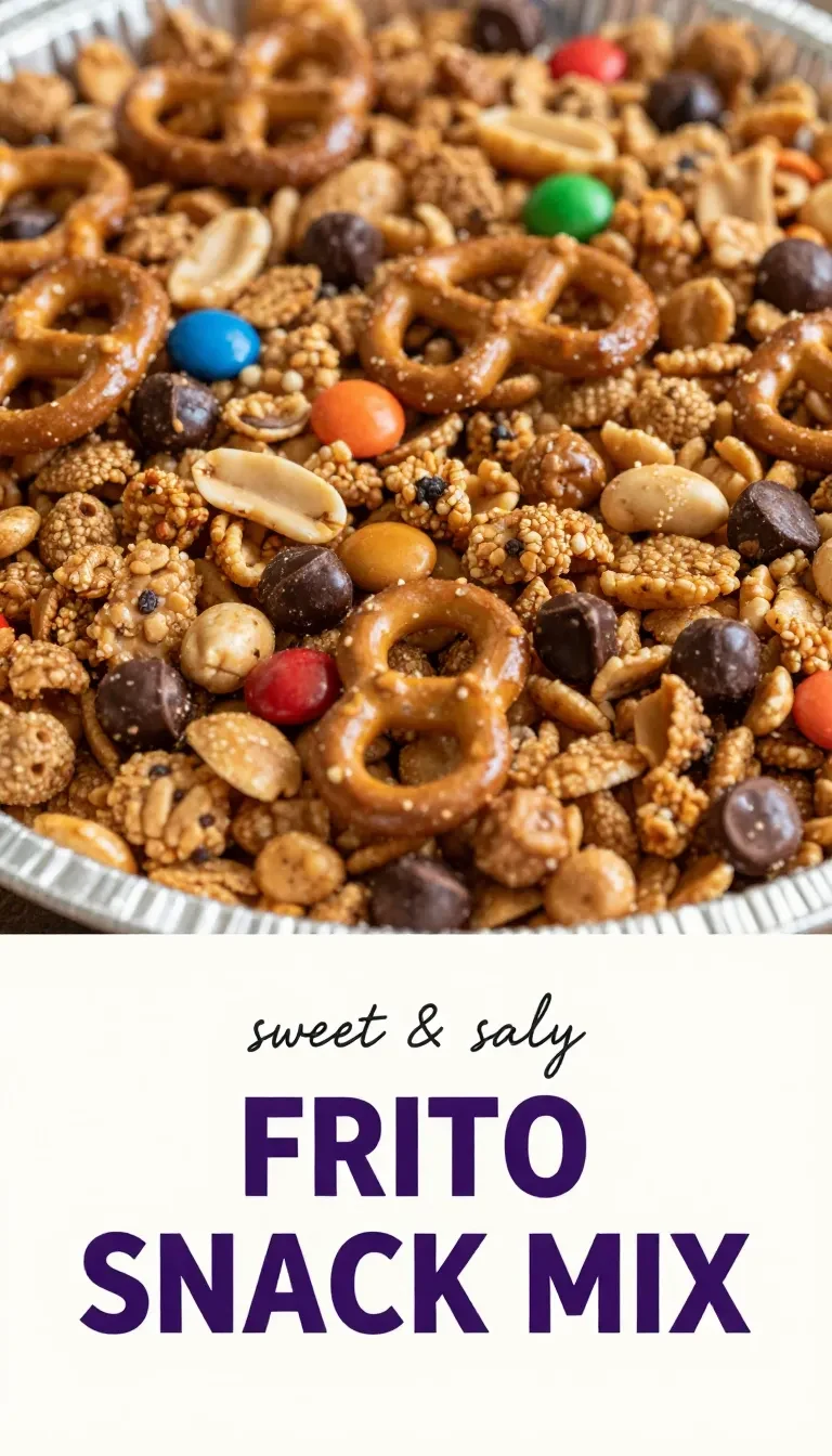 A bowl of Frito snack mix with pretzels, peanuts, cheese crackers, and seasoned corn chips served for game day.