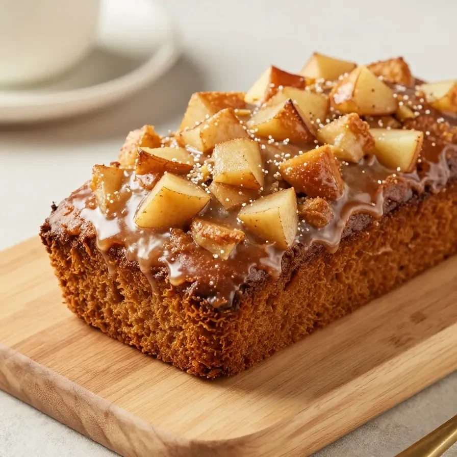 Slice of Easy Amish Apple Fritter Bread topped with a light glaze and visible pieces of cinnamon apple