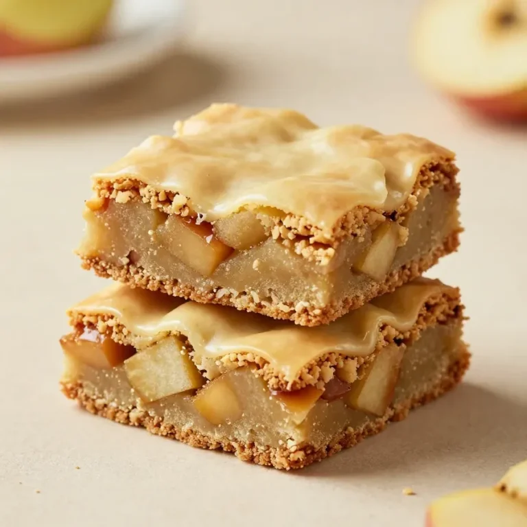 Square maple glazed apple blondies topped with a glossy maple icing and small pieces of apple on a white plate