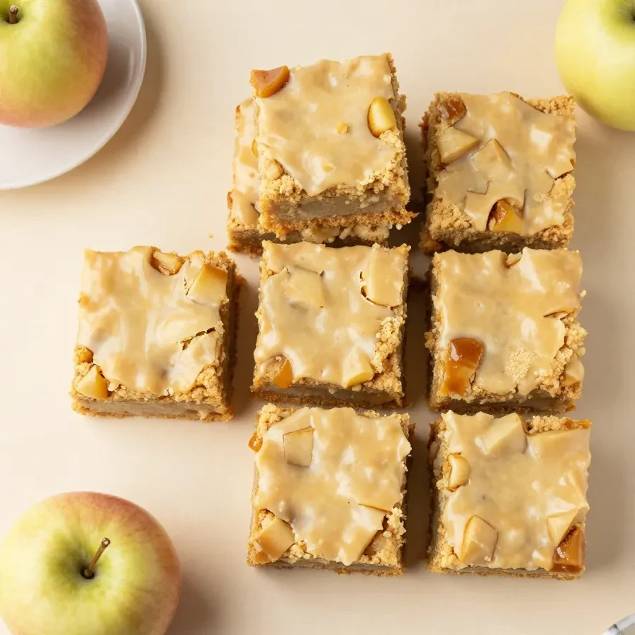 Square maple glazed apple blondies topped with a glossy maple icing and small pieces of apple on a white plate