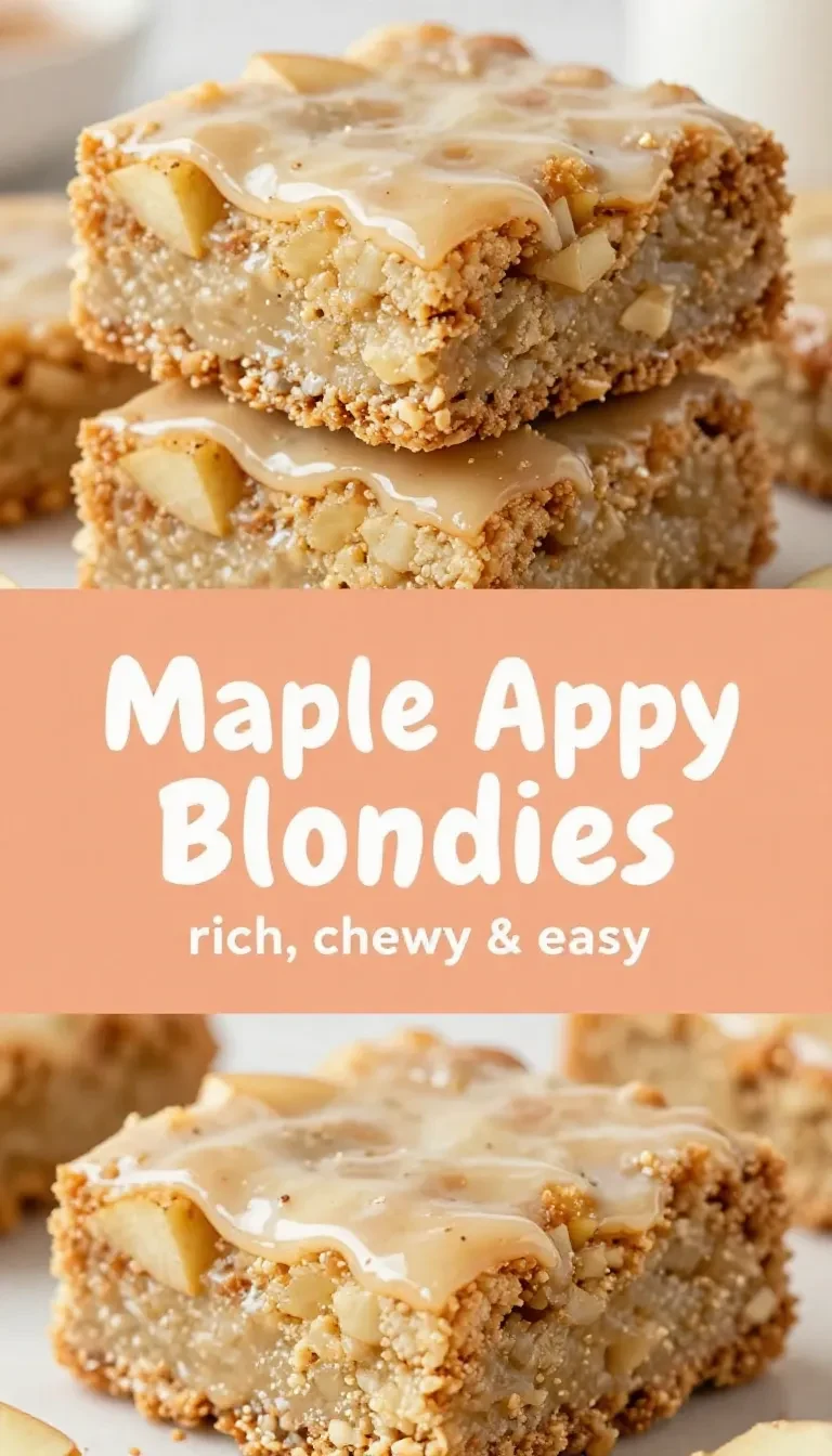 Square maple glazed apple blondies topped with a glossy maple icing and small pieces of apple on a white plate