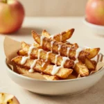 Crispy air fryer apple fries dusted with cinnamon sugar served on a white plate