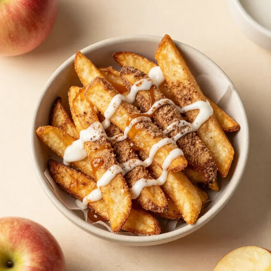 Crispy air fryer apple fries dusted with cinnamon sugar served on a white plate