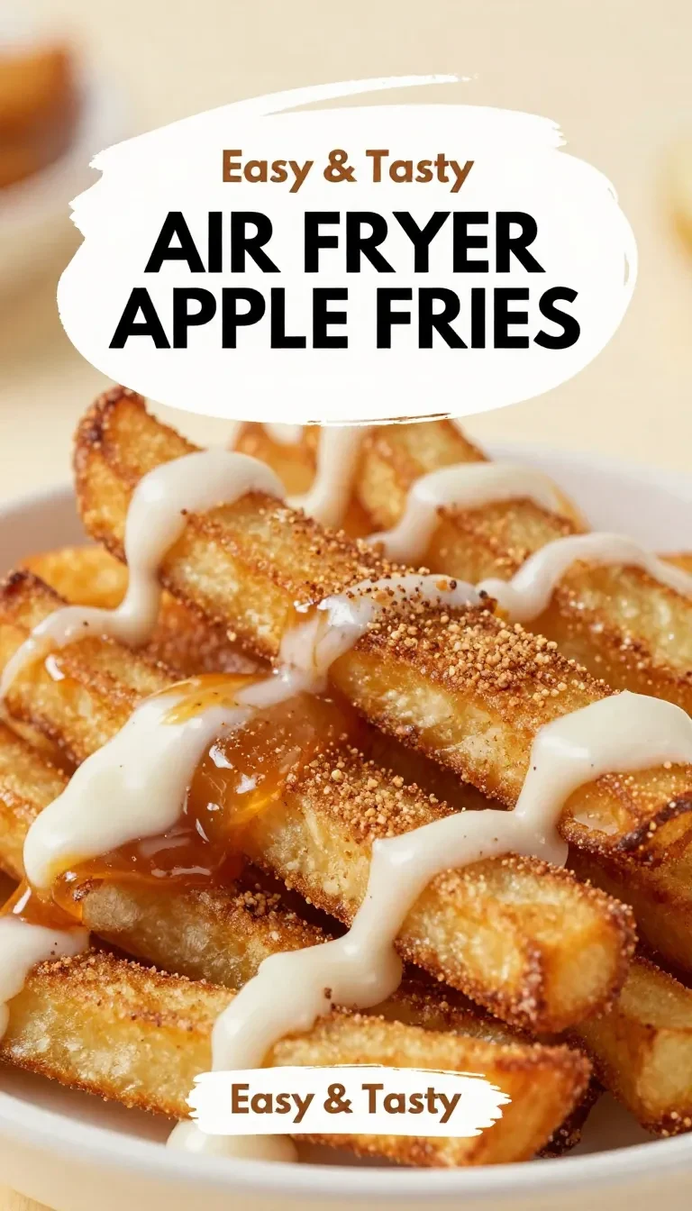 Crispy air fryer apple fries dusted with cinnamon sugar served on a white plate