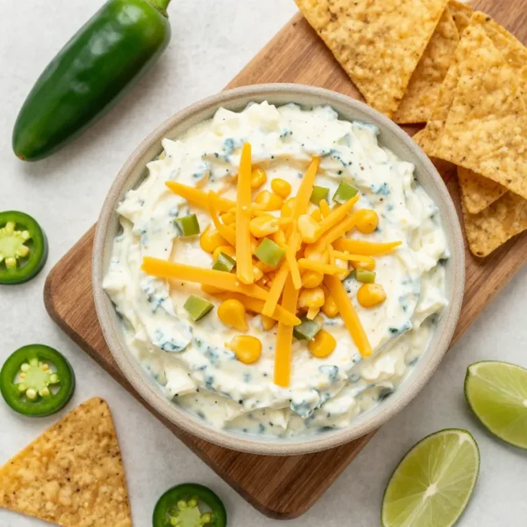 A bowl of creamy crack corn dip topped with shredded cheese, bacon bits, and chopped green onions, served with tortilla chips.