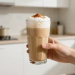 A mug of pumpkin chai latte topped with whipped cream and cinnamon on a wooden table with pumpkins and warm autumn spices