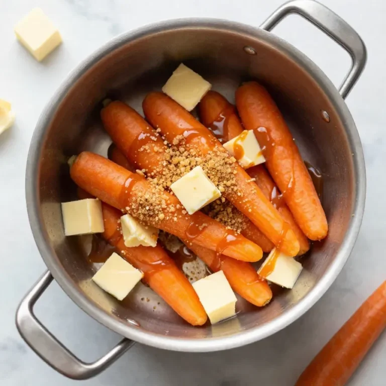 A bowl of slow cooker glazed carrots coated in maple syrup and brown sugar with a glossy finish.