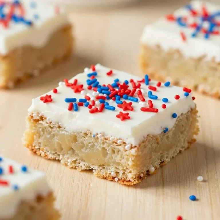 Patriotic sugar cookie bars topped with red, white, and blue frosting and festive sprinkles on a white tray