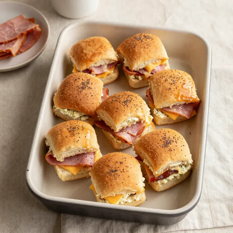 Baked ham and cheese sliders on a tray with melted cheese and golden tops