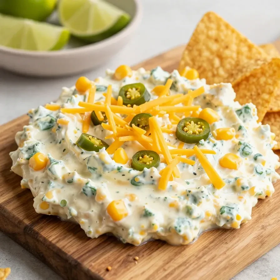 A bowl of creamy crack corn dip topped with shredded cheese, bacon bits, and chopped green onions, served with tortilla chips.
