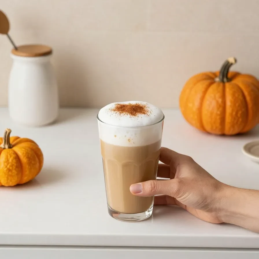 A mug of pumpkin chai latte topped with whipped cream and cinnamon on a wooden table with pumpkins and warm autumn spices
