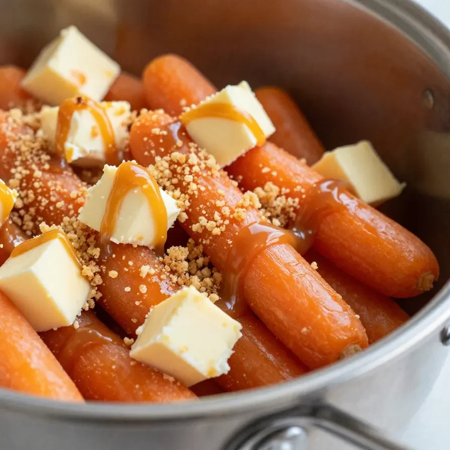 A bowl of slow cooker glazed carrots coated in maple syrup and brown sugar with a glossy finish.