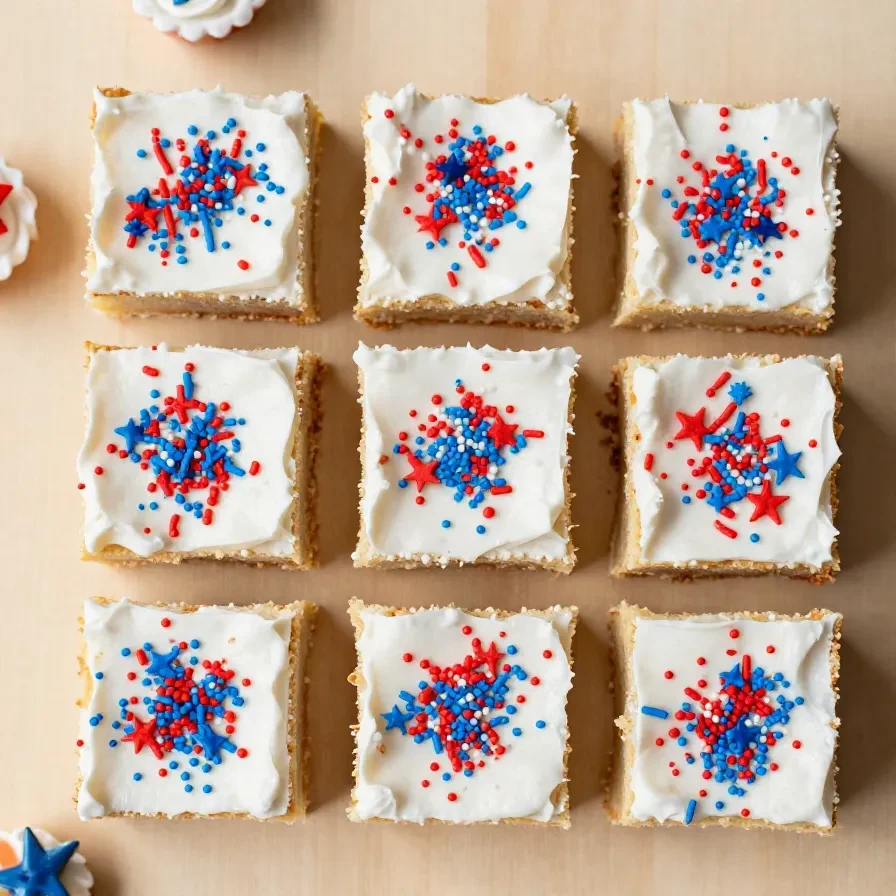 Patriotic sugar cookie bars topped with red, white, and blue frosting and festive sprinkles on a white tray