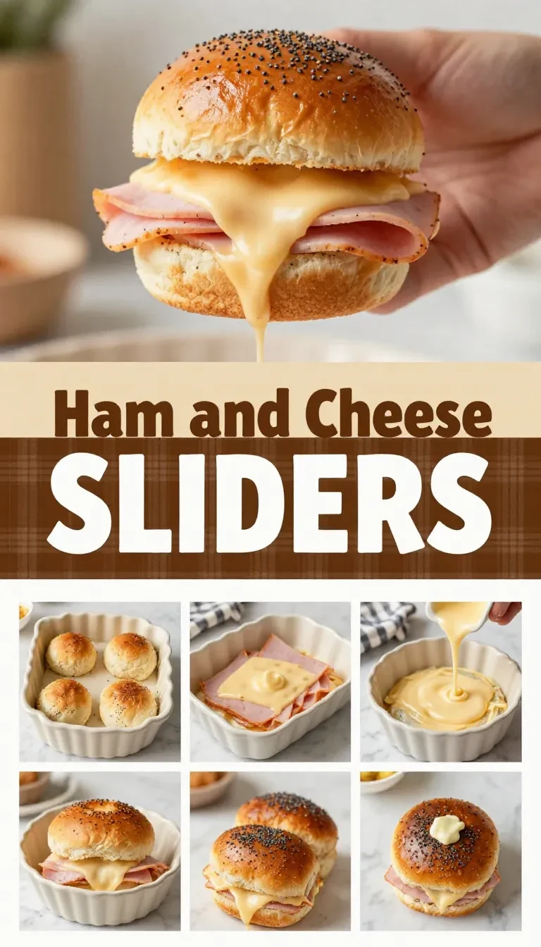 Baked ham and cheese sliders on a tray with melted cheese and golden tops