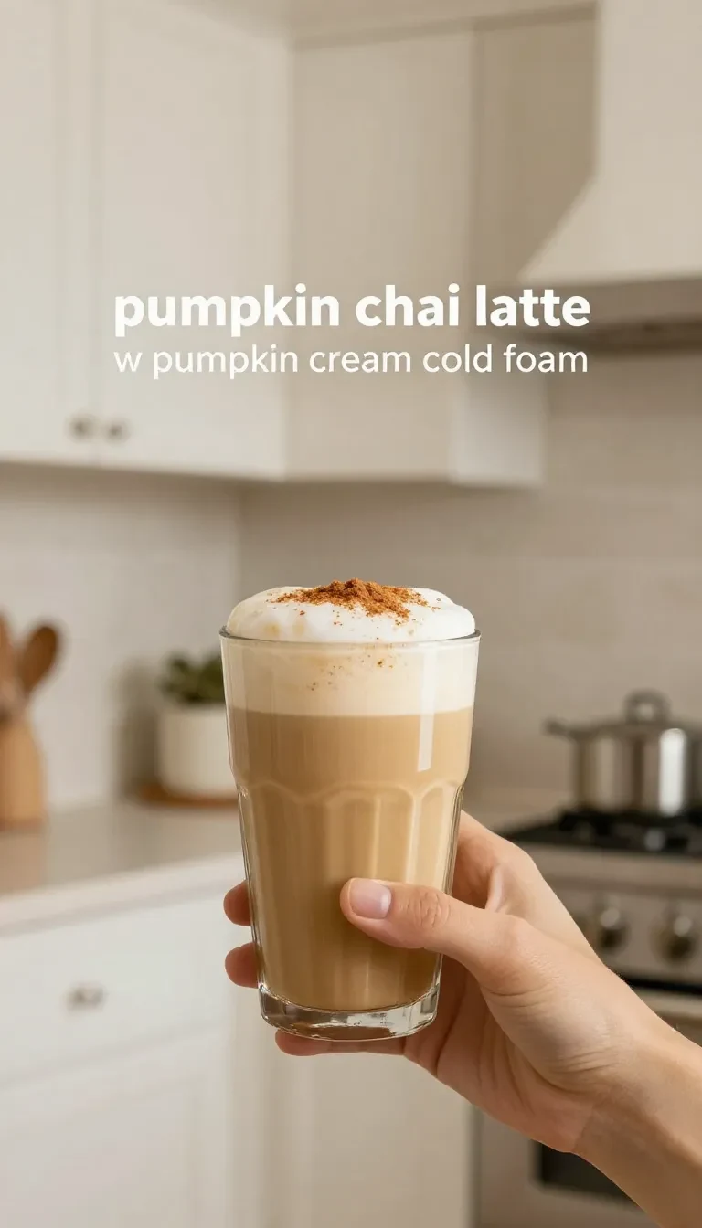A mug of pumpkin chai latte topped with whipped cream and cinnamon on a wooden table with pumpkins and warm autumn spices
