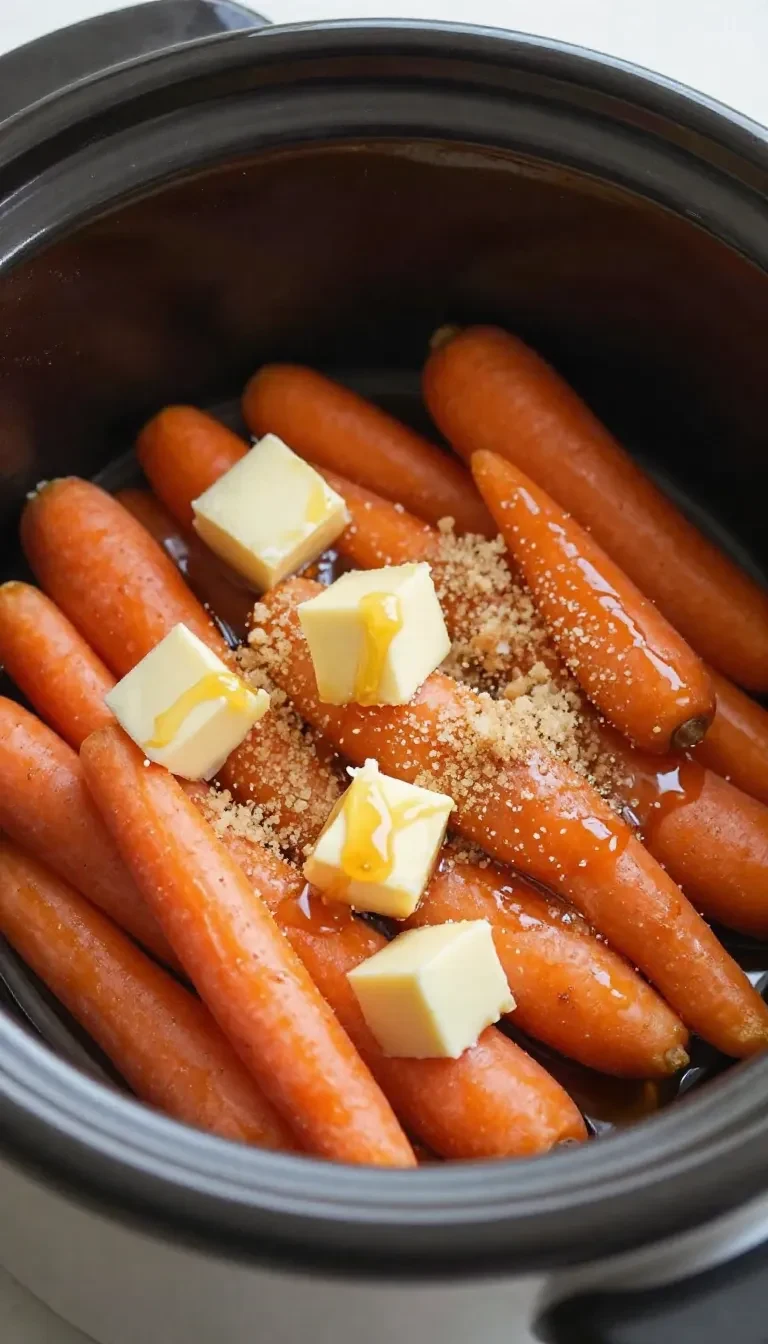 A bowl of slow cooker glazed carrots coated in maple syrup and brown sugar with a glossy finish.