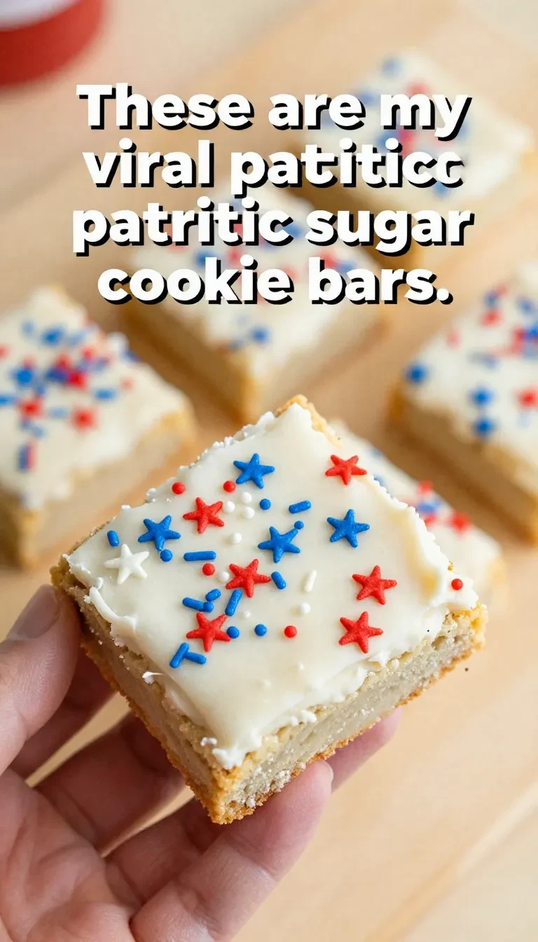 Patriotic sugar cookie bars topped with red, white, and blue frosting and festive sprinkles on a white tray